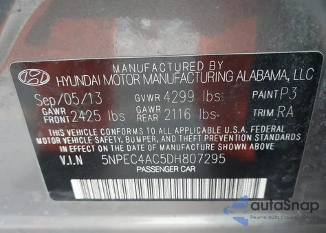 2013 Hyundai Sonata Se z USA, uszkodzony, nr VIN 5NPEC4AC5DH807295